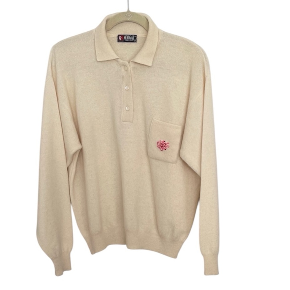 Vintage Morgat Cream Wool Knit Polo Sweater | Made in Spain | Floral Embroidery